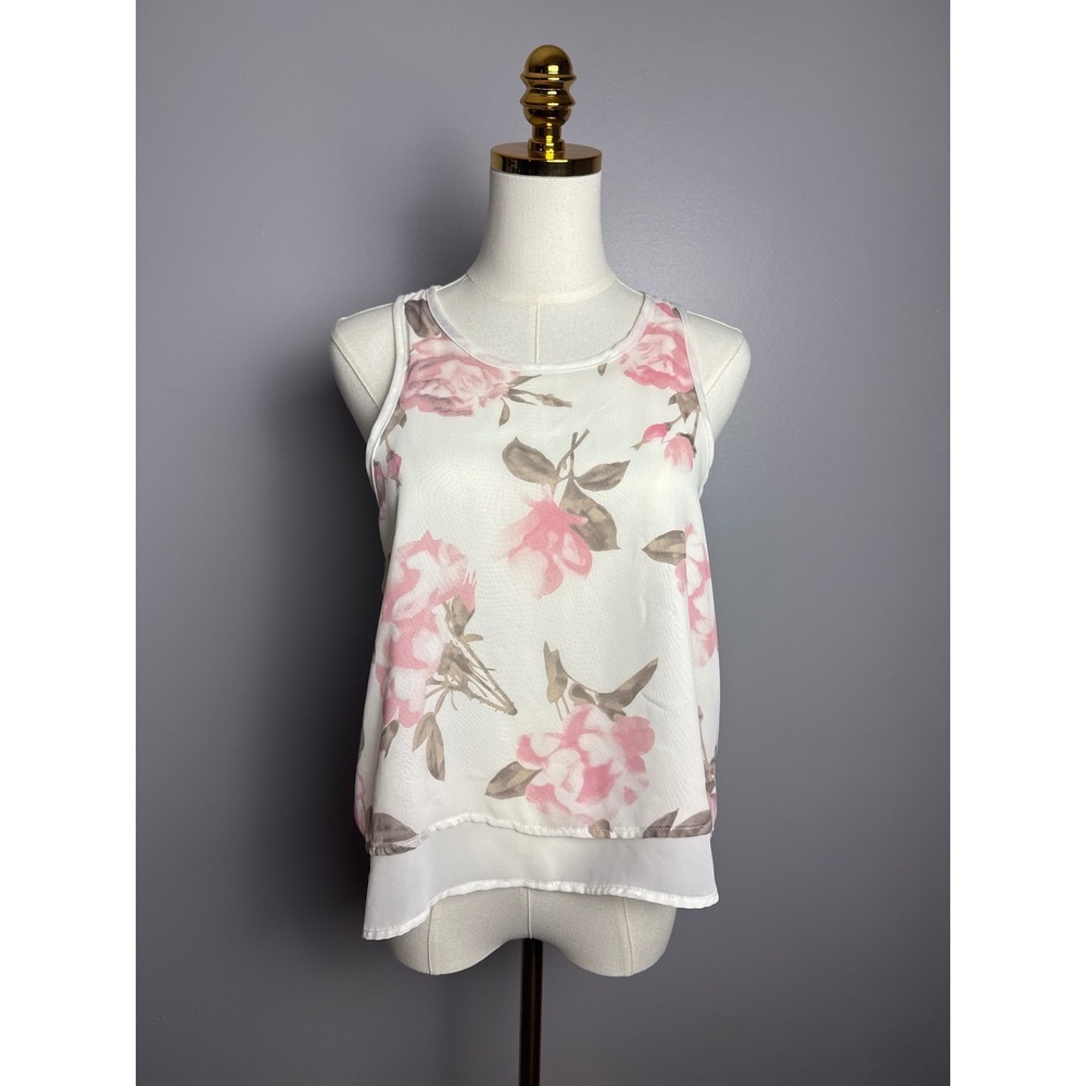 Style Rack Floral Tank Top Women Small White Pink Excellent Open Back Layered